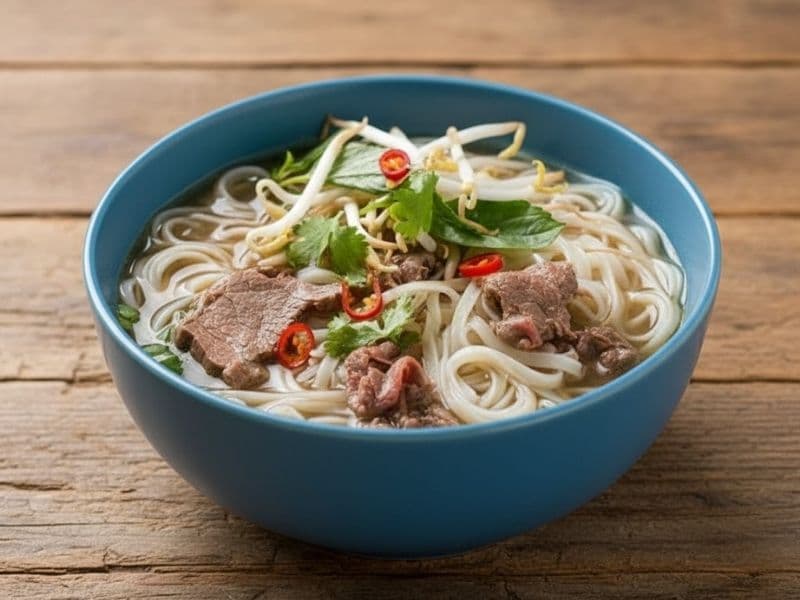 A steaming bowl of beef pho in a blue bowl, featuring rice noodles, tender slices of steak, fresh herbs, bean sprouts, and red chili slices, served on a rustic wooden table.