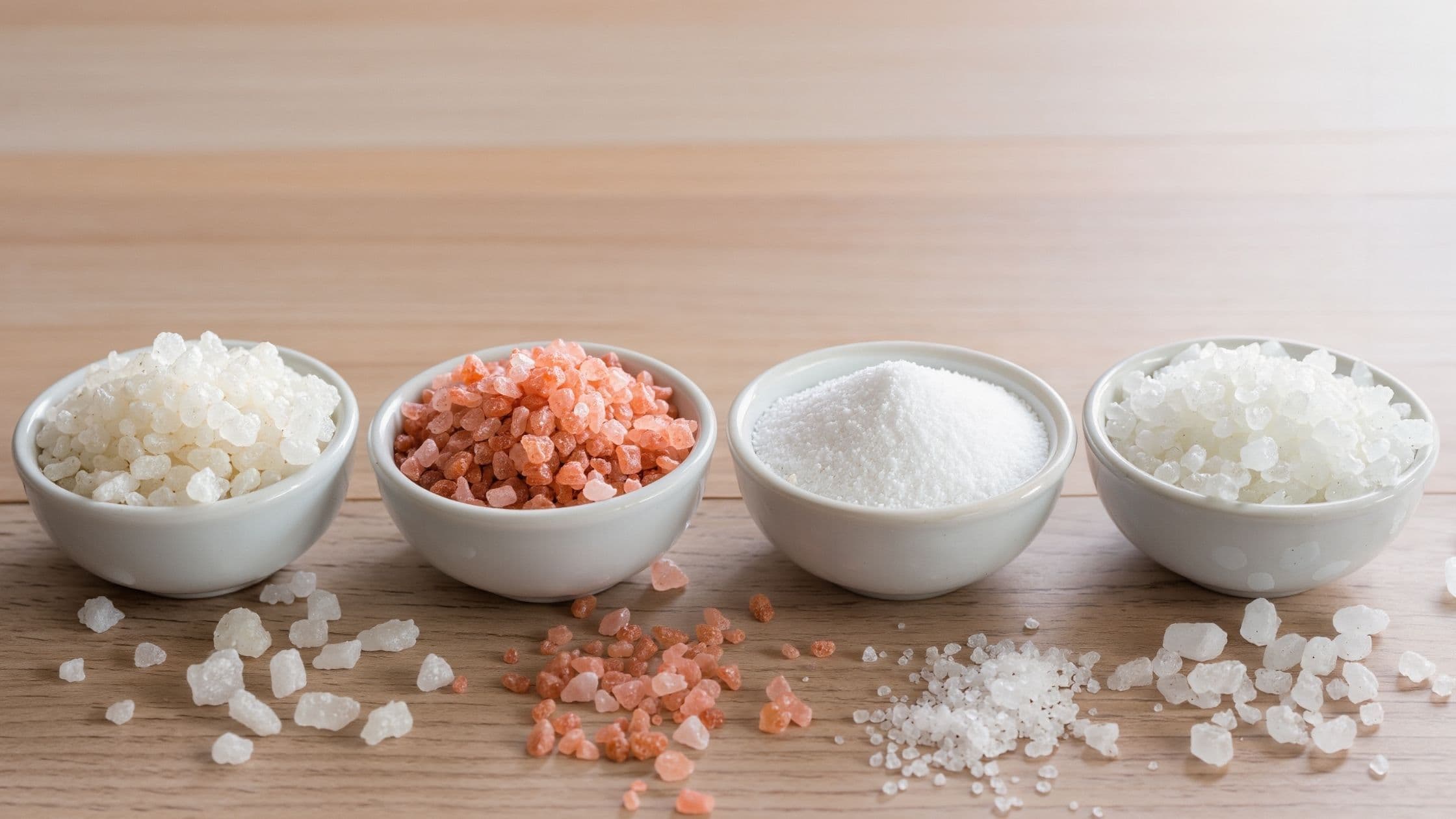 Assorted British salt types in bowls on a wooden counter.