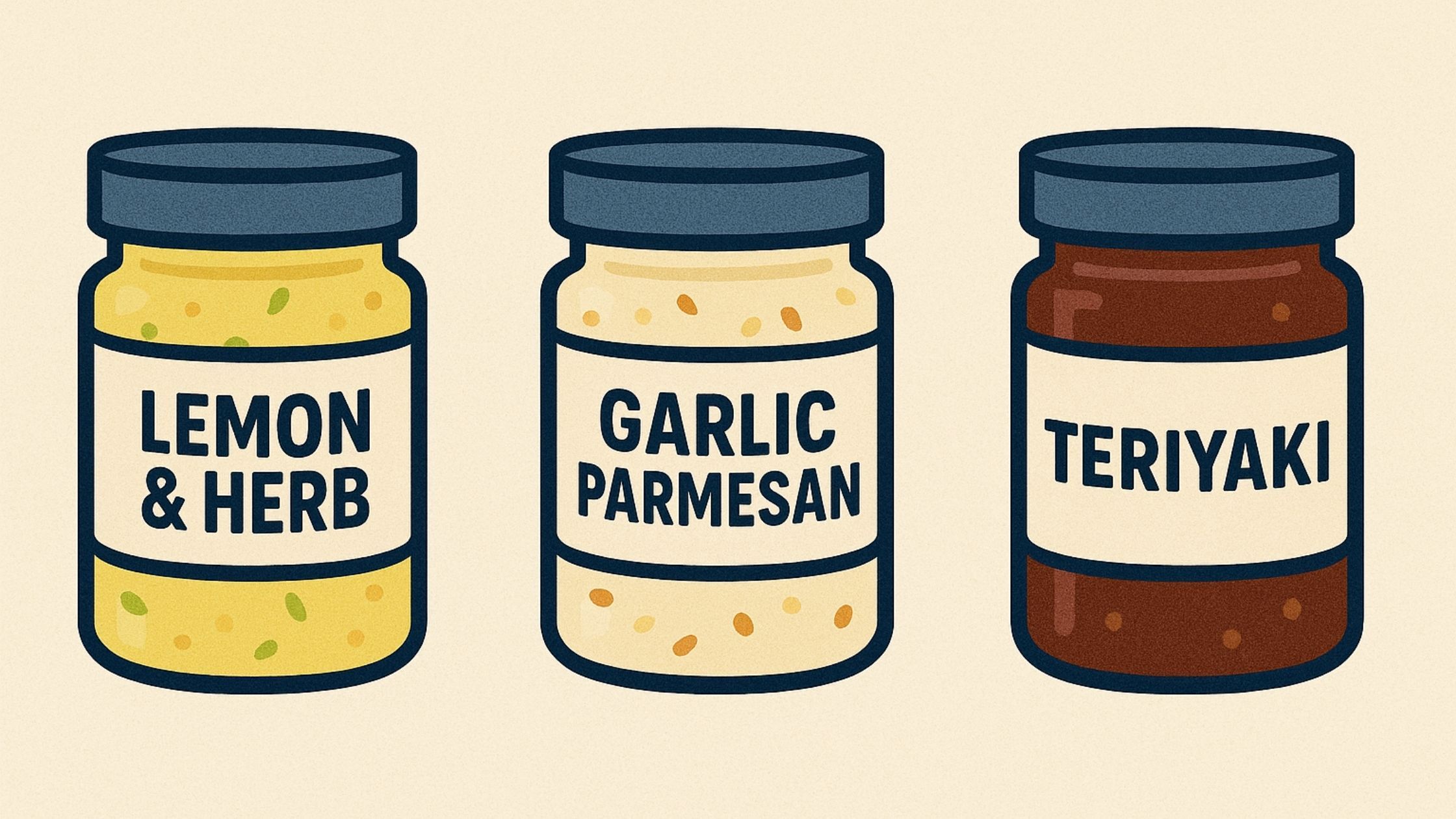 Mini jars of sauces labeled “Lemon & Herb”, “Garlic Parmesan”, and “Teriyaki”.
