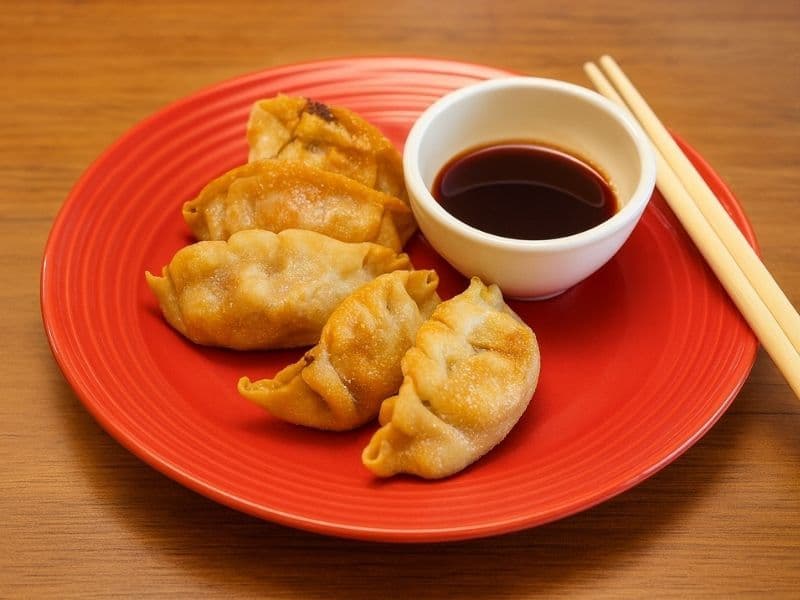 Crispy Wagamama duck gyoza served on a vibrant red plate with a small bowl of soy dipping sauce and wooden chopsticks on a wooden tabletop.