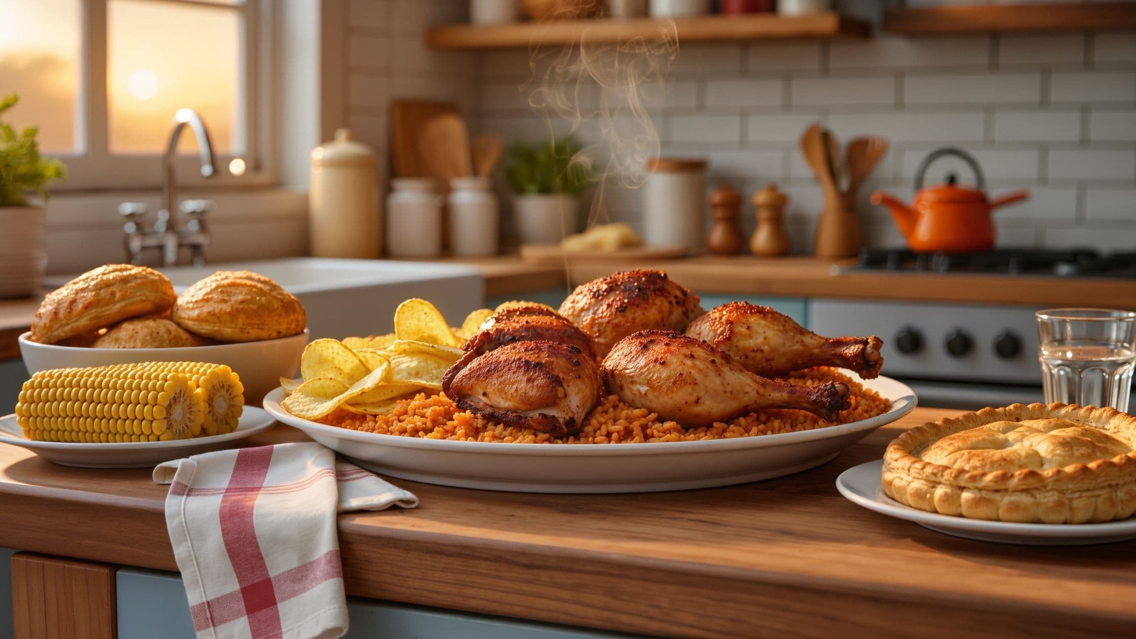 Homemade UK fakeaway meal on a wooden countertop featuring Nando’s-style chicken, spicy rice, chips, and a Greggs-inspired bake, captured in warm kitchen lighting.