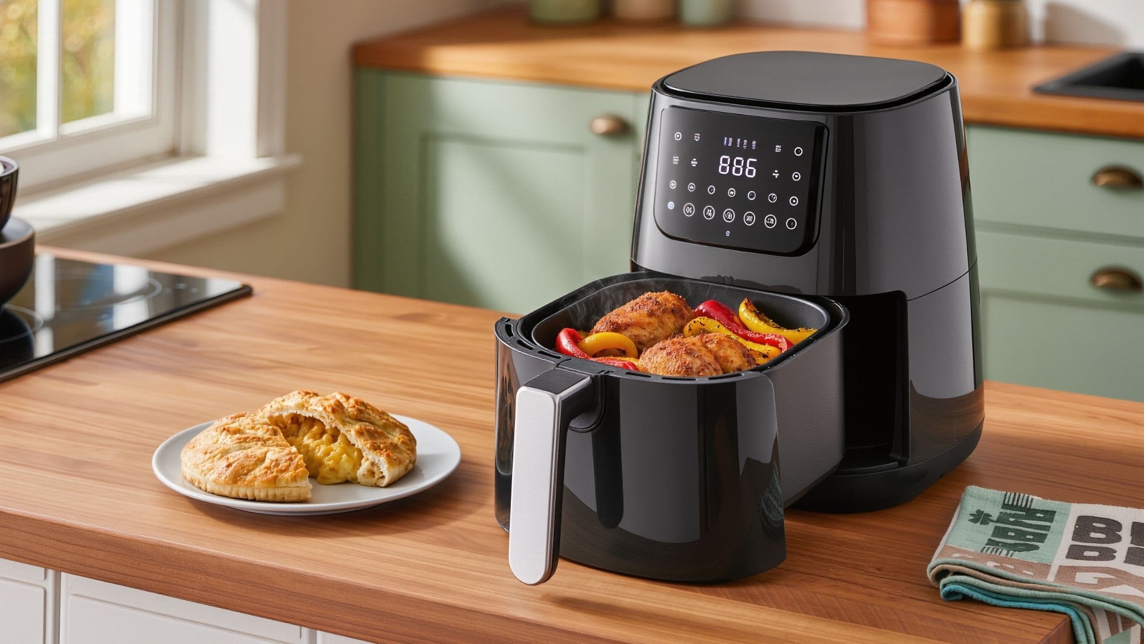 Modern black air fryer on a wooden kitchen countertop cooking seasoned chicken and peppers, with a golden Greggs-style bake on a nearby plate — illustrating air fryer meal preparation in a cozy UK kitchen.