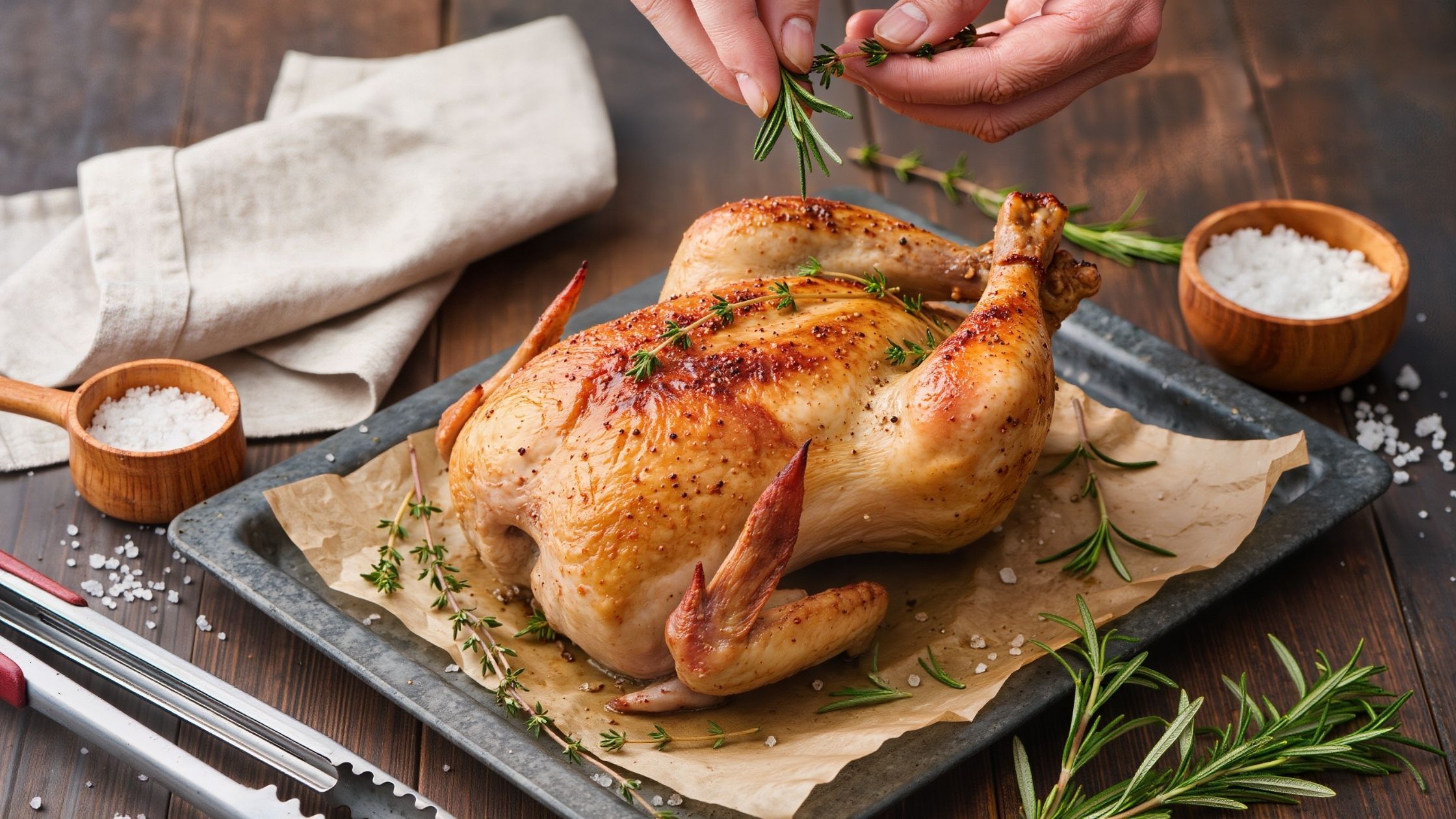Home cook sprinkling dried herbs over seasoned chicken.