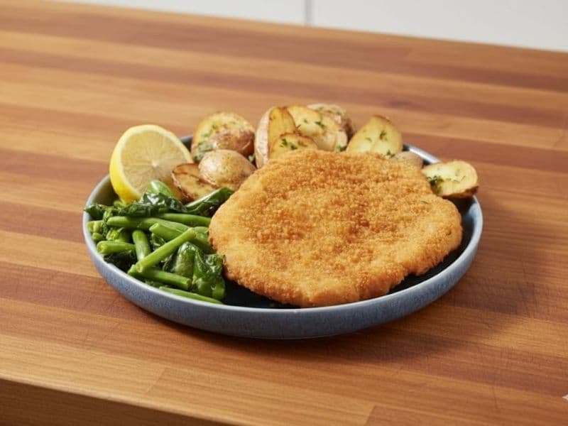 Zizzi Chicken Milanese served on a blue plate with golden breaded chicken, roasted baby potatoes, sautéed tenderstem broccoli, and a lemon wedge on a wooden kitchen counter.