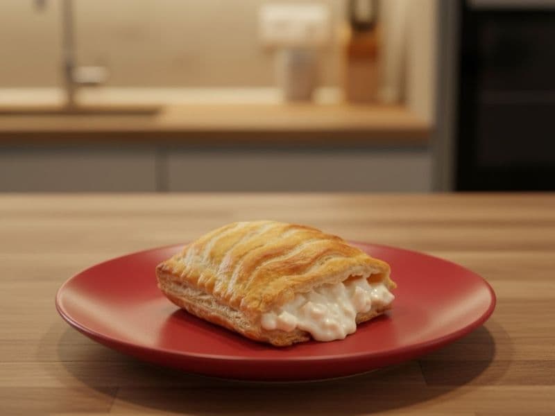 A golden Greggs-style chicken bake with a flaky puff pastry crust, filled with creamy chicken filling, served on a red plate on a wooden kitchen countertop in warm lighting.