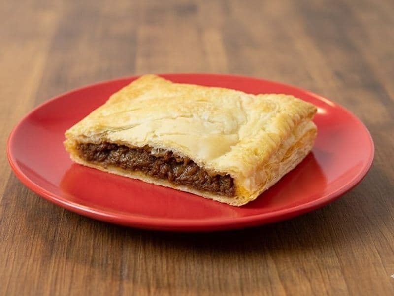 Greggs vegan steak bake on a red plate on a wooden kitchen counter top.