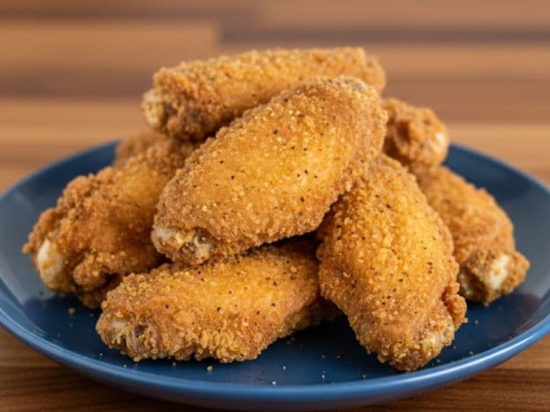 Brazilian Citrus Pepper chicken wings from Wingstop on a blue plate, sitting on a wooden counter.