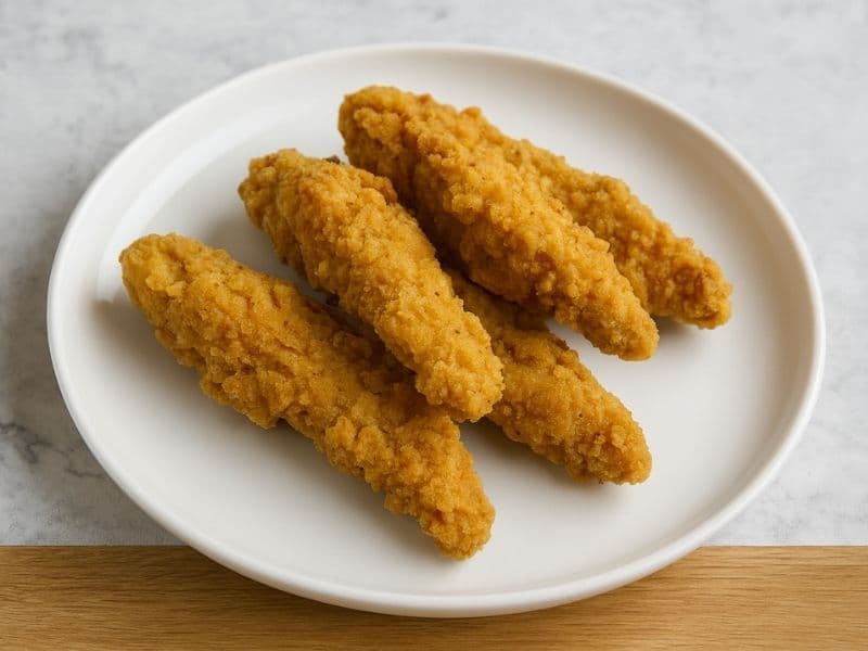 Four crispy McDonald’s-style Chicken Selects arranged on a white plate over a marble tabletop, showing golden-brown seasoned breading and crunchy texture.