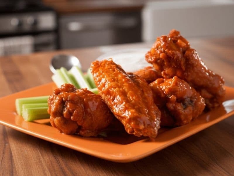 A plate of Wingstop atomic wings with celery and dip on a wooden kitchen counter.