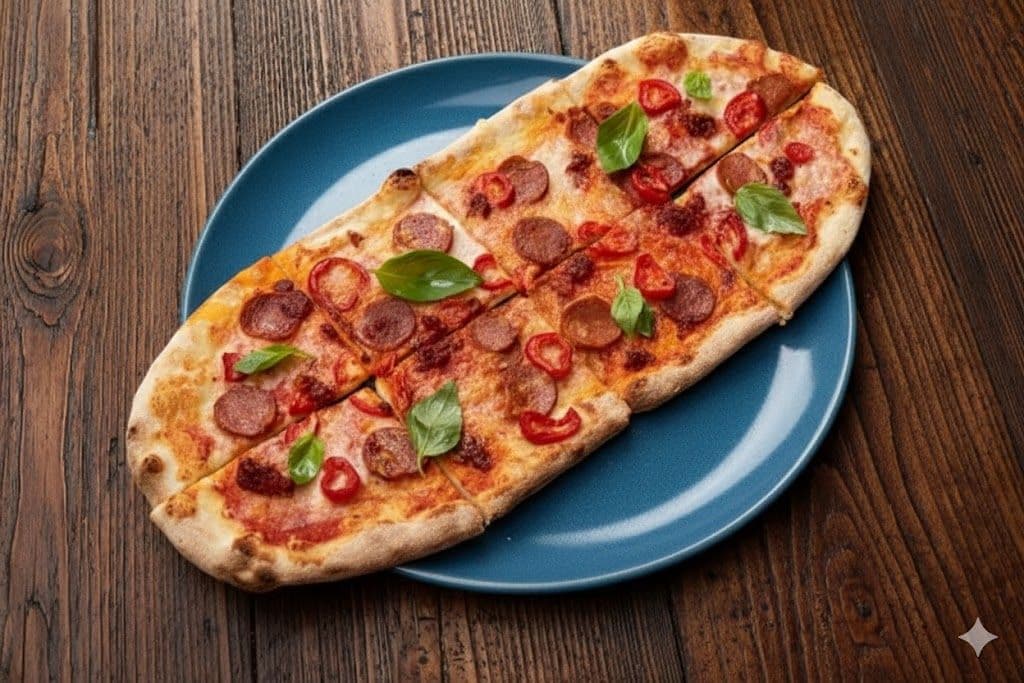 An oval-shaped Zizzi Rustica Venison Pepperoni Pizza topped with venison pepperoni slices, mozzarella, red pepper pearls, and fresh basil leaves, served on a blue plate on a dark brown wooden table. The image is taken from a 45-degree angle.