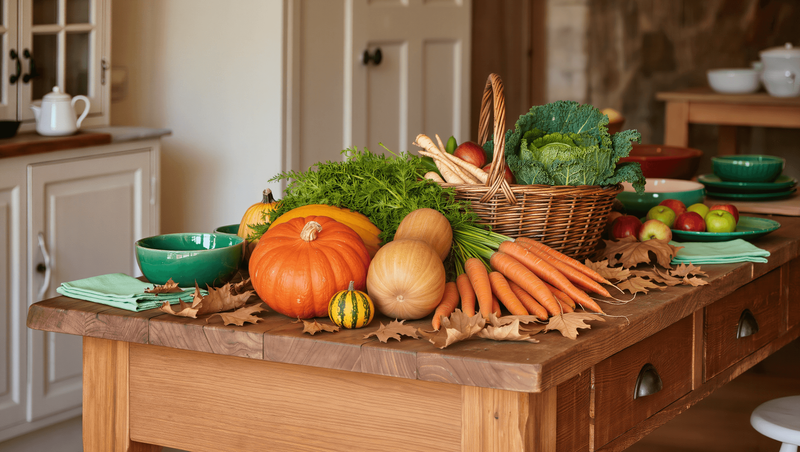 Autumn harvest display of UK seasonal produce including pumpkins, kale and apples