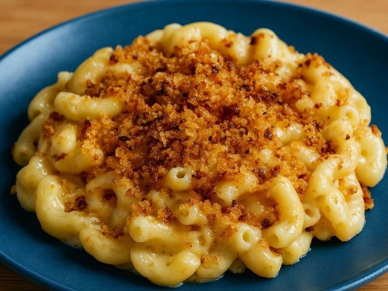 Close-up of Nando’s-style Peri-Peri Mac and Cheese served on a blue plate. The creamy macaroni is topped with a golden, crispy breadcrumb crust and hints of peri-peri seasoning, sitting on a wooden kitchen countertop.