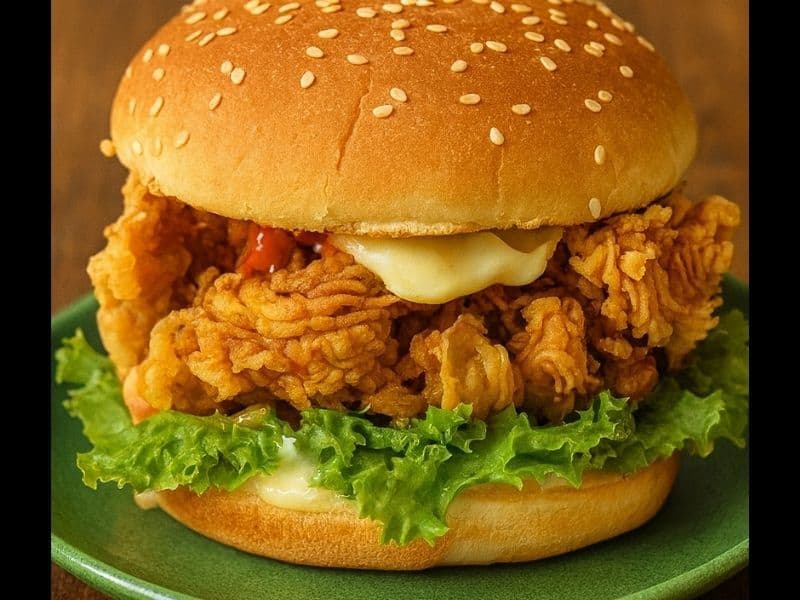 A crispy homemade KFC Zinger Burger sits on a green plate atop a wooden table, with golden fried chicken, melted cheese, fresh lettuce, and mayonnaise in a sesame seed bun.
