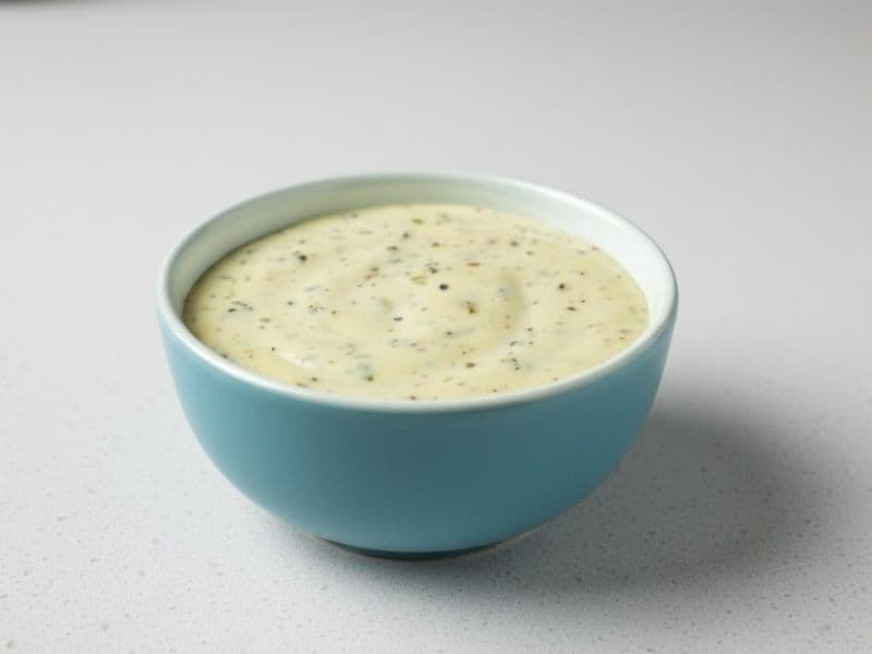 A light blue bowl filled with creamy white peppercorn ranch sauce, speckled with herbs and black pepper. The sauce has a smooth, thick texture and sits on a clean white countertop under soft, natural lighting.
