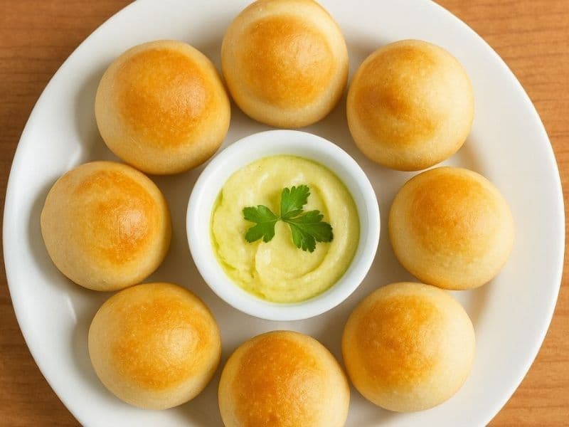 Eight golden-brown PizzaExpress-style dough balls arranged in a circle on a white plate with a bowl of garlic butter dip in the center, placed on a warm wooden tabletop.