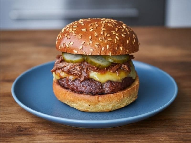 A Bill’s BBQ Bourbon Beef Burger served on a sesame seed brioche bun, layered with melted cheese, tender pulled beef in bourbon barbecue sauce, and sliced pickles, presented on a blue plate over a wooden table.