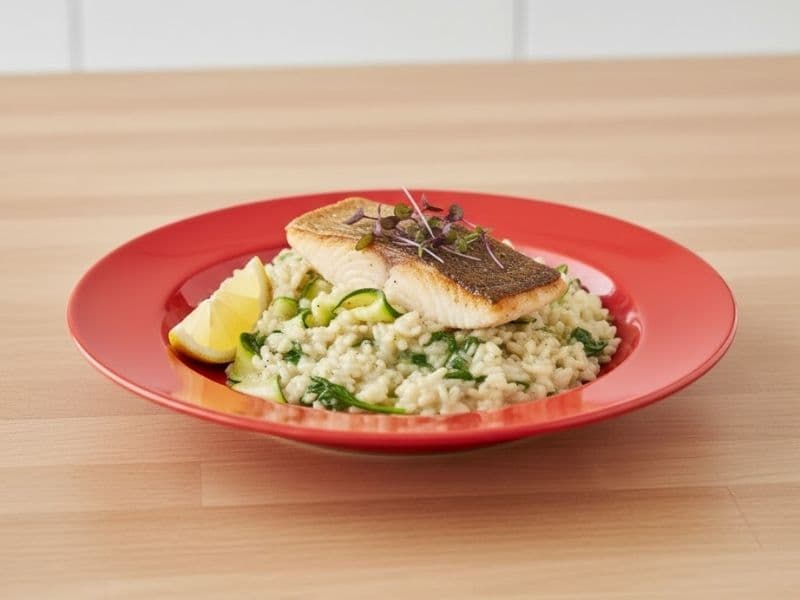 Zizzi Pan-Fried Salmon & Pesto Risotto served in a red bowl, featuring a crispy-skinned salmon fillet on a bed of creamy pesto risotto with courgette, spinach, and a lemon wedge garnish.
