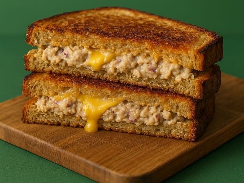 A golden-brown Pret-style tuna melt toastie, sliced in half and stacked on a wooden board, showing creamy tuna and melted cheddar filling, set against a green background.