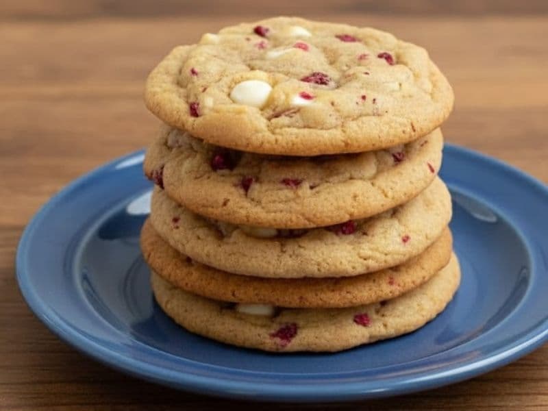 A stack of golden brown raspberry cheesecake cookies on a blue plate. The cookies are soft and chewy with visible white chocolate chips and pieces of raspberry, placed on a wooden kitchen countertop under warm natural light.