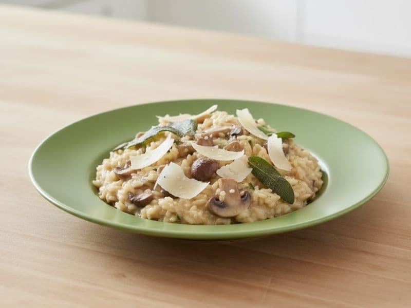 Zizzi Roasted Mushroom Risotto served in a green bowl, topped with sautéed mushrooms, shaved Parmesan cheese, and fresh sage leaves on a wooden kitchen counter.