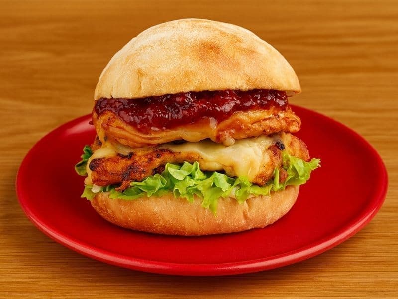Close-up of a Nando’s Sunset Burger on a red plate over a wooden countertop. The burger features a grilled chicken breast topped with melted cheese, crisp lettuce, and a layer of sweet red pepper jam inside a toasted ciabatta bun.