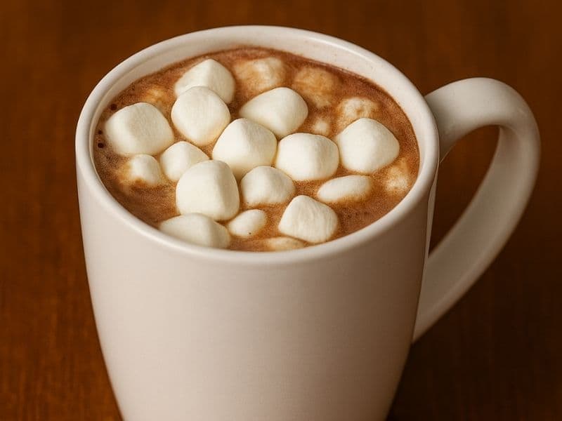 A white ceramic mug filled with creamy hot chocolate topped with fluffy mini marshmallows, resting on a wooden tabletop in warm lighting.