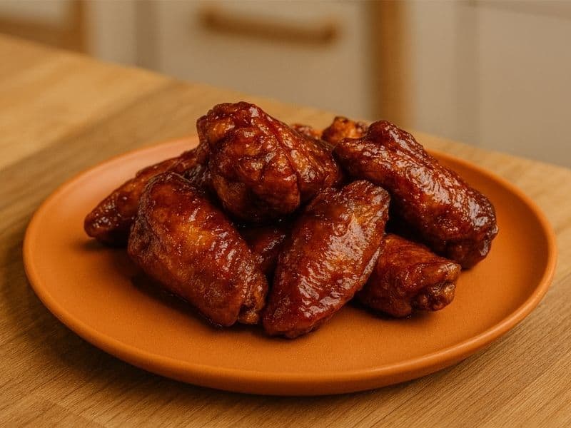 Wingstop-style Hickory Smoked BBQ chicken wings coated in a rich, glossy barbecue glaze, neatly arranged on an orange plate placed on a wooden kitchen countertop.