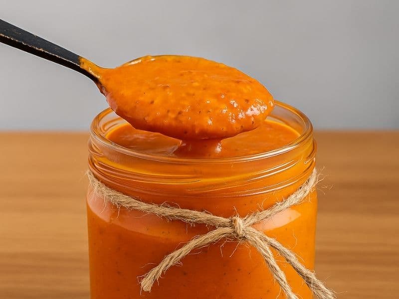 A glass jar filled with rich orange-red Nando’s-style Medium PERi-PERi sauce sits on a wooden countertop, tied with rustic twine and topped with a spoonful of thick, glossy sauce.