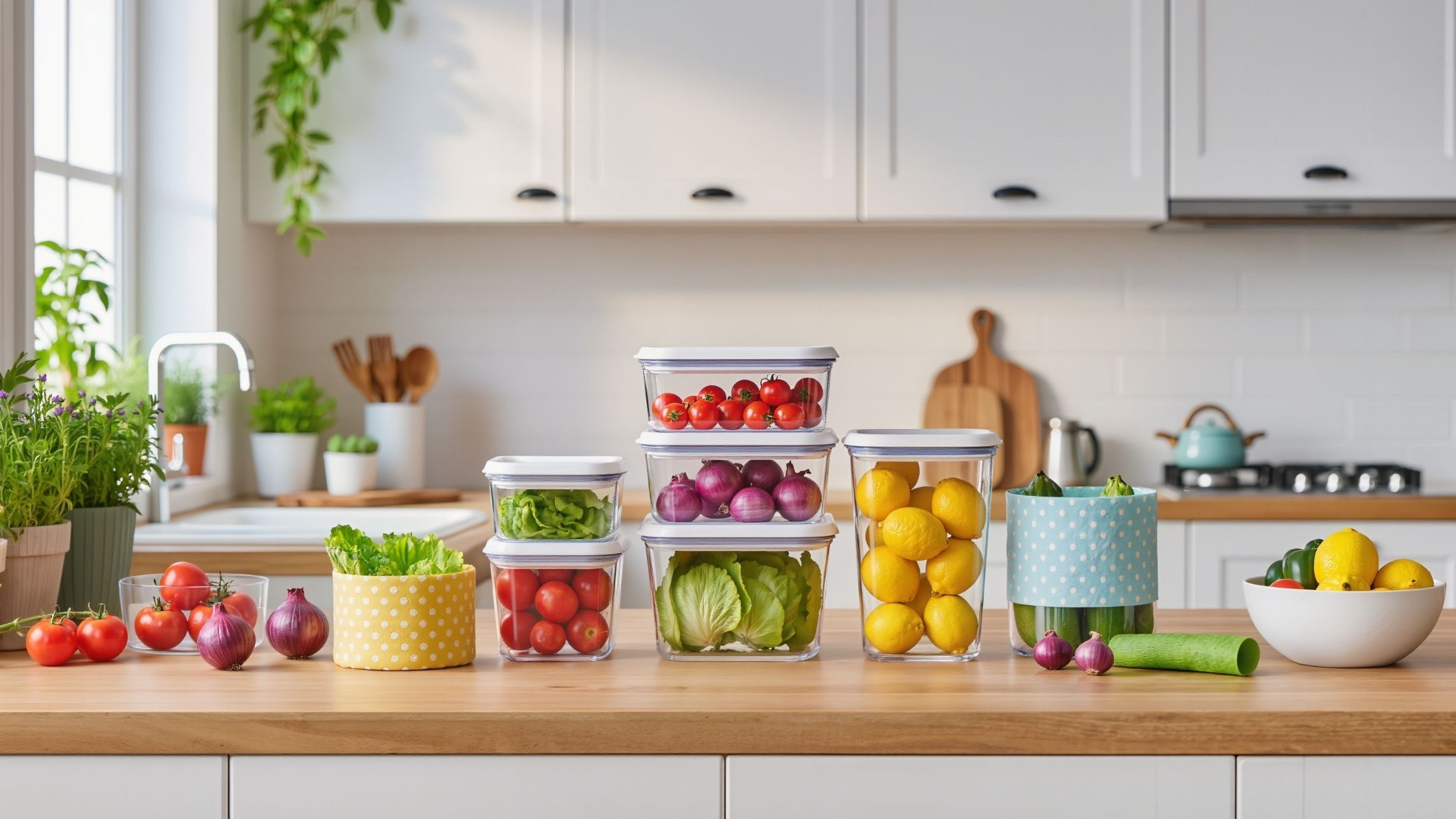 Eco-friendly kitchen setup with glass containers, fresh produce, and beeswax wraps.