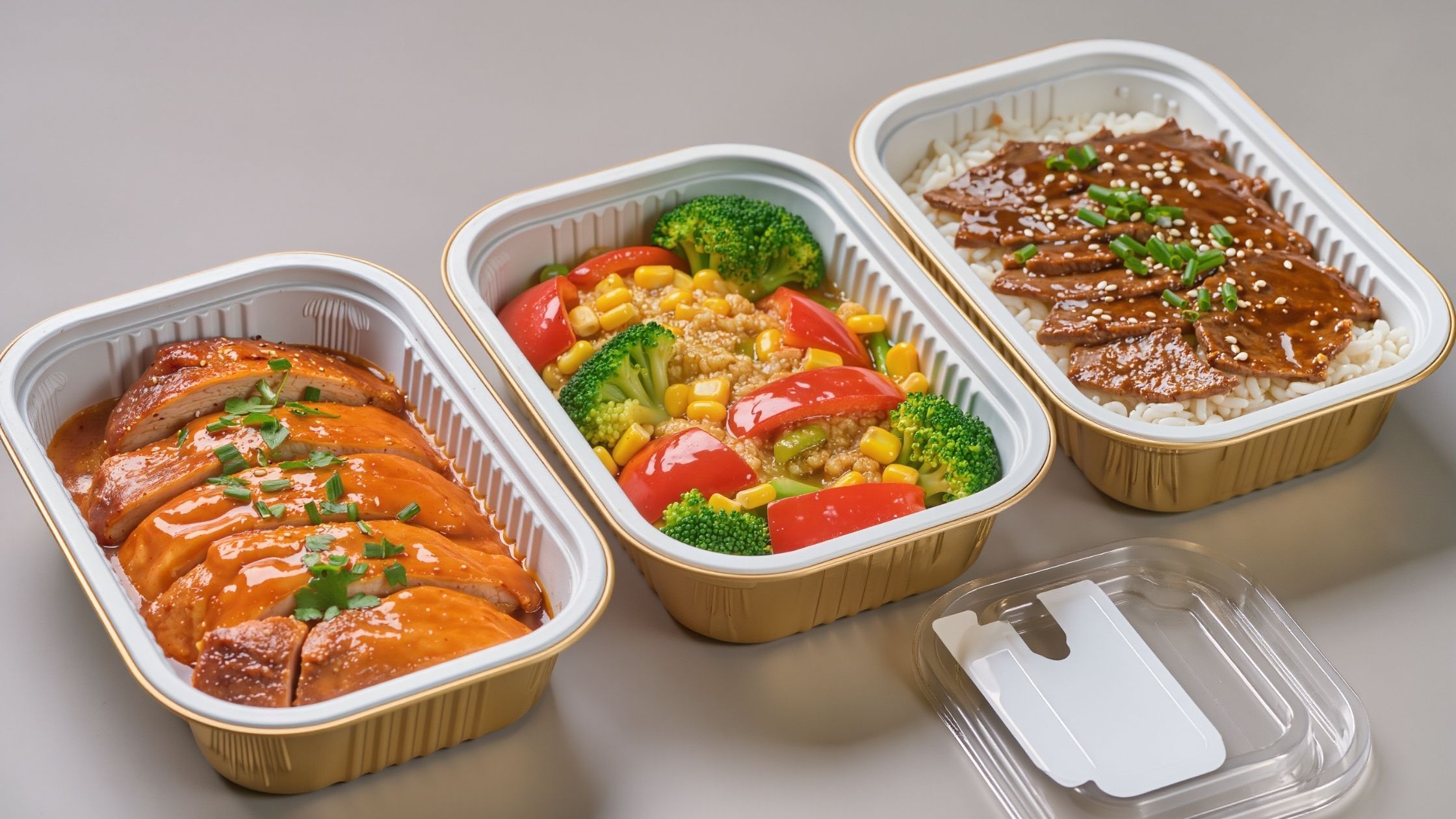 A close-up of three meal containers with these dishes side by side — vibrant sauces and textures visible.