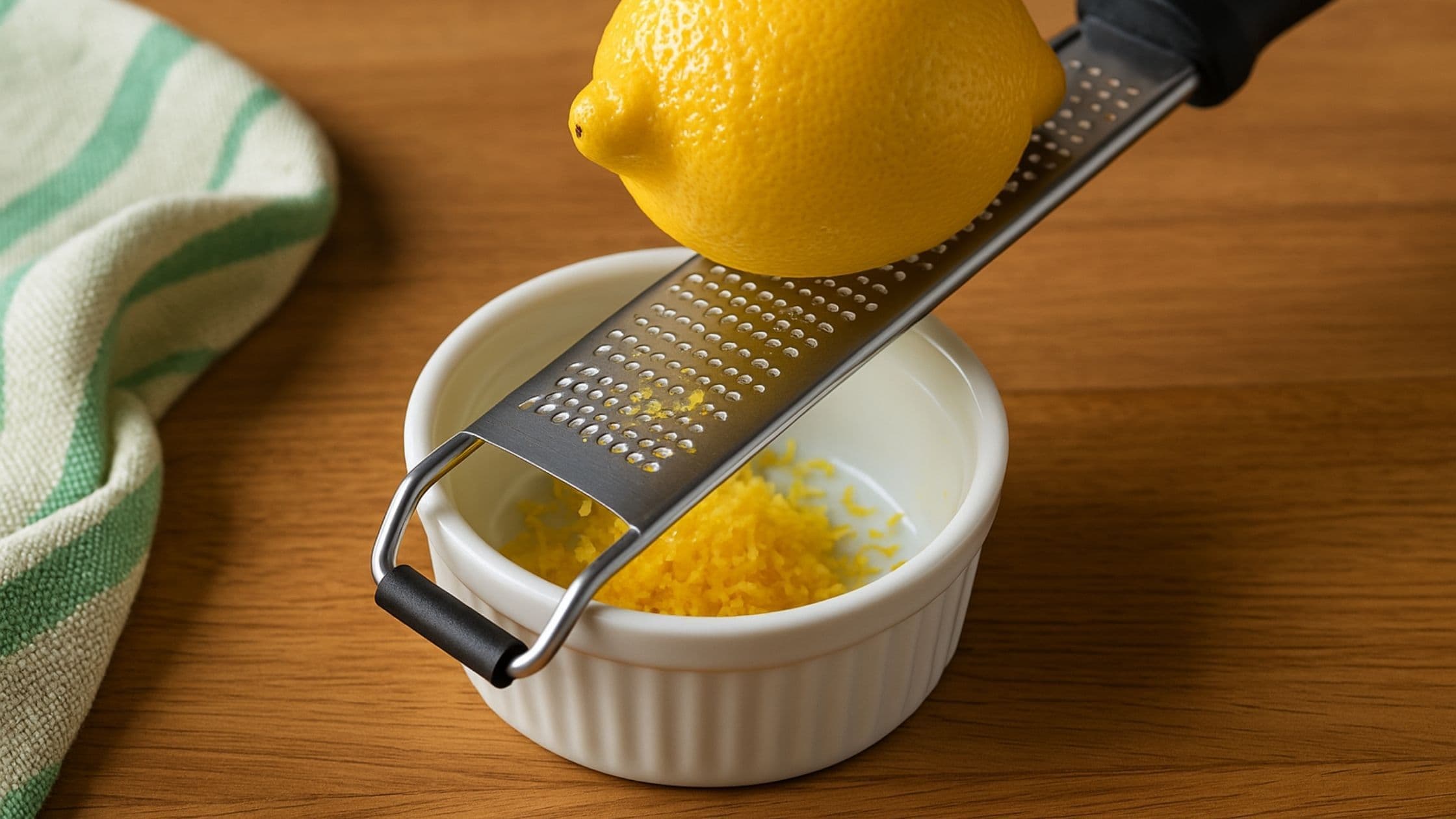 A close-up of a fresh lemon being zested on a stainless steel microplane over a small white ramekin filled with fine lemon zest, set on a wooden kitchen countertop with a green-striped tea towel beside it.