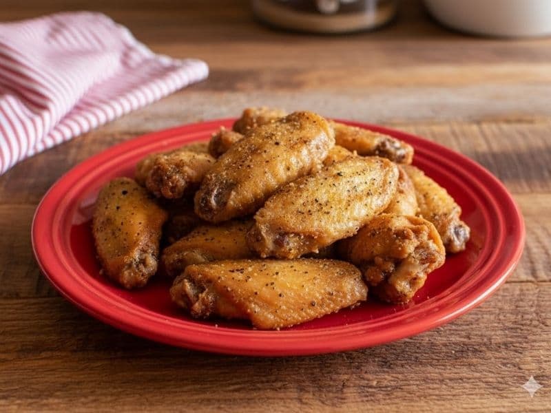 A close-up shot of crispy, golden Wingstop lemon pepper wings served in a green basket lined with paper on a rustic wooden table.