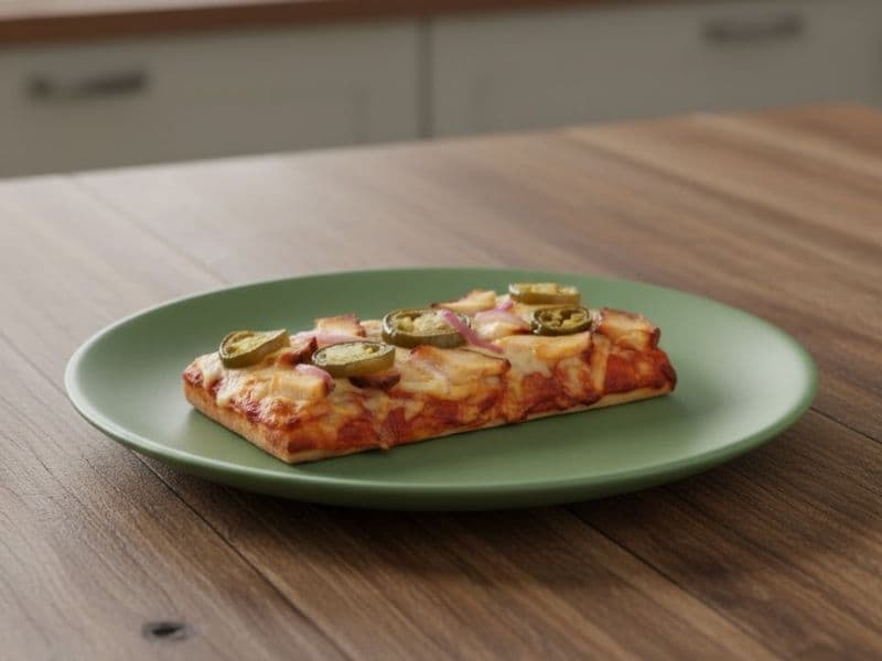 A slice of spicy Mexican chicken pizza from Greggs is served on a round green plate atop a wooden kitchen table. The pizza is rectangular and topped with melted cheese, pieces of chicken, slices of red onion, and several bright green jalapeño slices. The background shows a soft-focus kitchen counter and window.