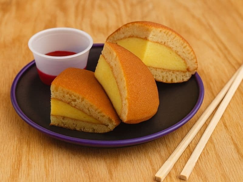 Yo! Sushi dorayaki pancakes filled with smooth custard, served on a black plate with berry dipping sauce and chopsticks on a wooden counter.