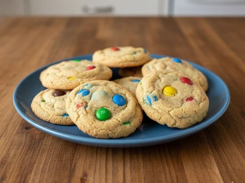 A blue plate filled with freshly baked rainbow chocolate chip cookies, topped with colourful candy-coated chocolates. The cookies are golden brown and slightly soft, displayed on a wooden kitchen countertop under warm natural light.