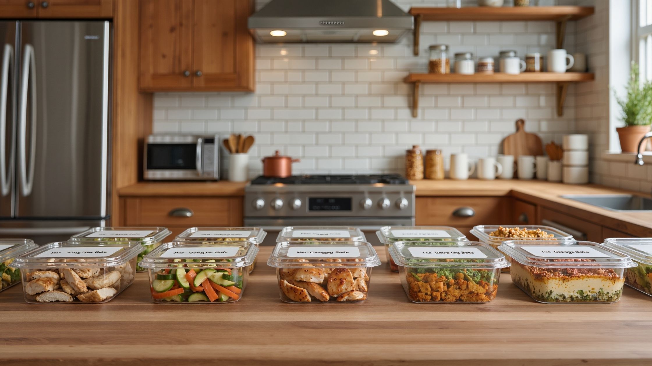 Wide hero shot — a wooden kitchen countertop filled with neatly labeled containers (e.g. “Mon – Nando’s Chicken Bowls”, “Tue – Greggs Veg Bake”), with a warm, homey kitchen background.