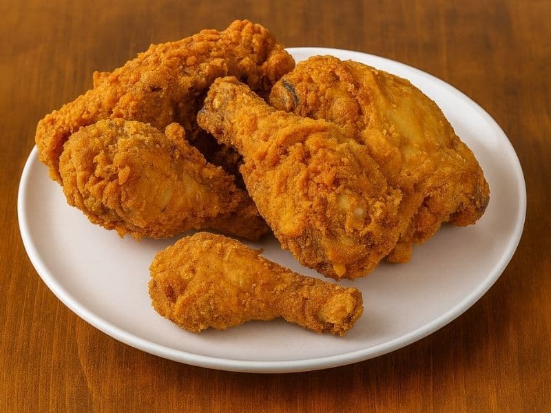 A white plate of crispy golden KFC-style fried chicken on a wooden table, showing crunchy, seasoned coating and juicy texture on each drumstick and thigh.