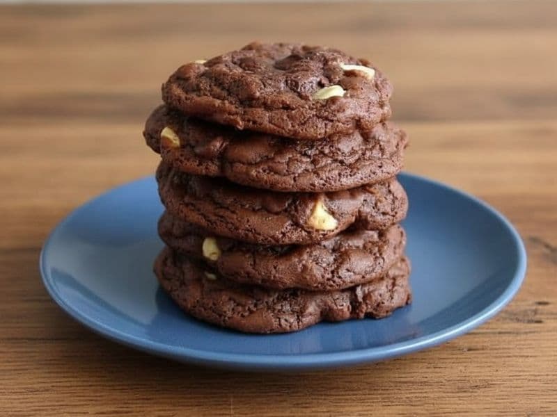 A stack of rich double chocolate cookies with visible white chocolate chunks on a blue plate. The cookies are thick, chewy, and dark brown, displayed on a wooden kitchen countertop in soft natural lighting.