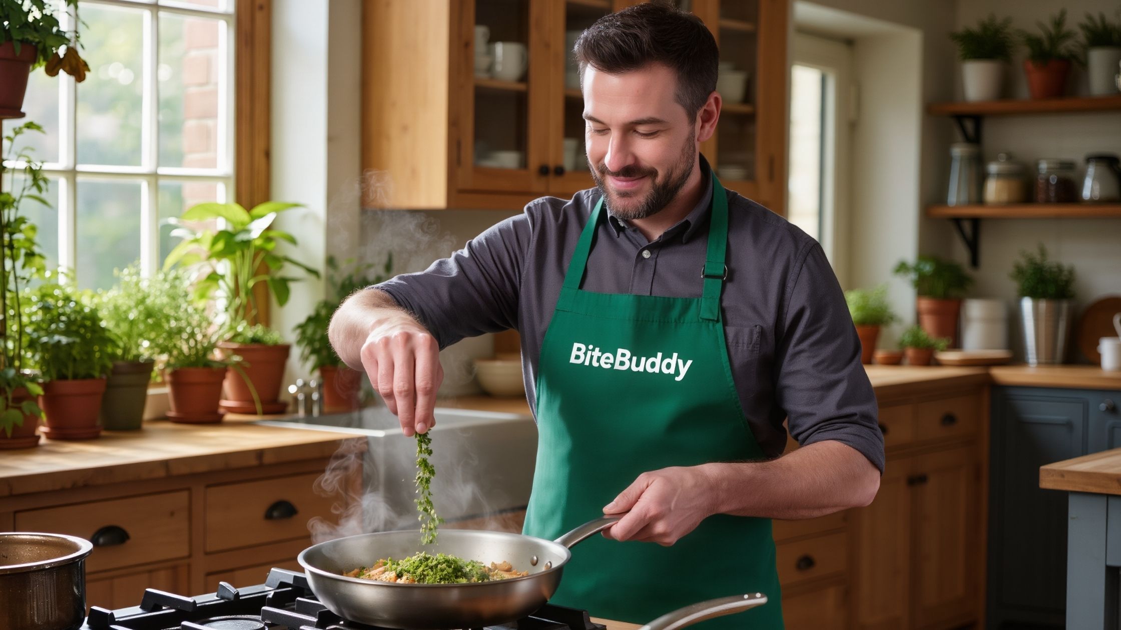 Cook adding herbs to a pan in a bright, cosy British kitchen.