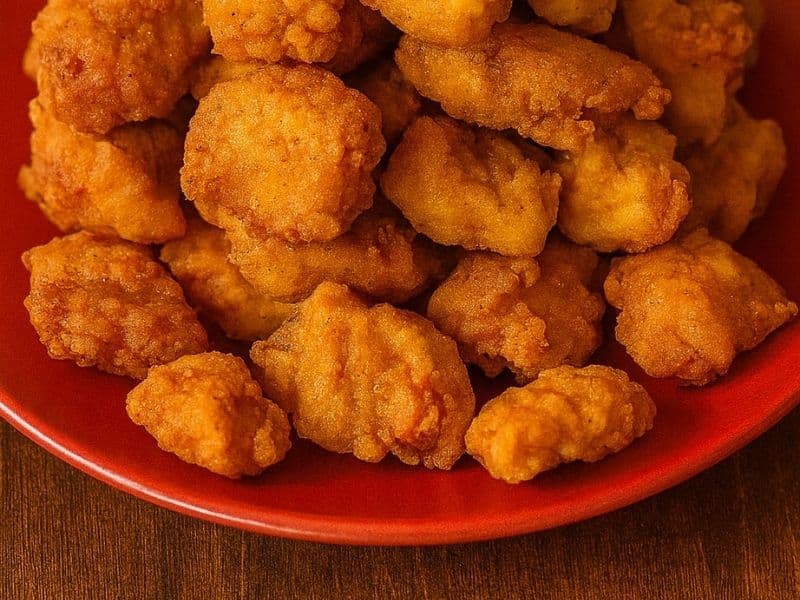 A red plate piled high with crispy golden KFC-style popcorn chicken pieces on a wooden table, showing their crunchy, seasoned coating and golden-brown color.
