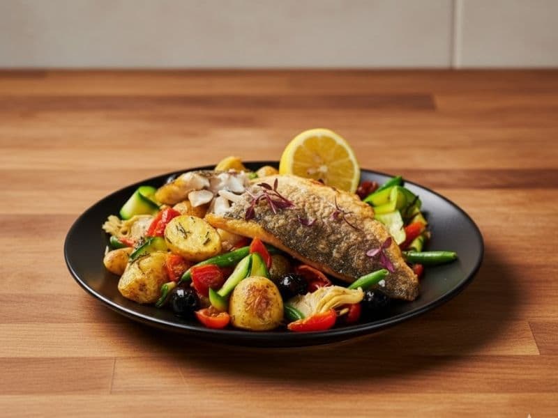Zizzi Mediterranean Sea Bass served on a black plate with crispy-skinned sea bass, roasted baby potatoes, cherry tomatoes, black olives, courgettes, and artichokes, garnished with a lemon wedge.