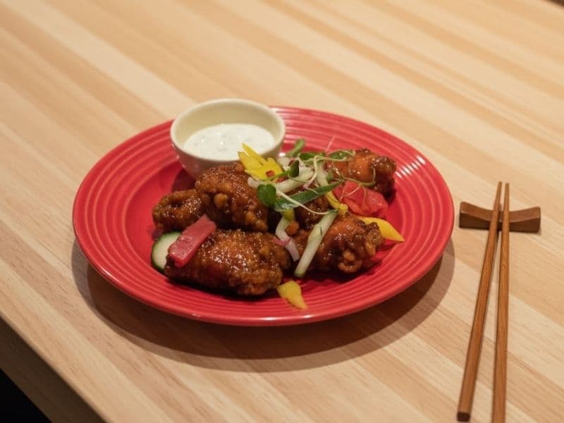 Wagamama Hot Honey Fried Chicken served on a red plate with pickled vegetables, a side of dipping sauce, and chopsticks on a wooden countertop.