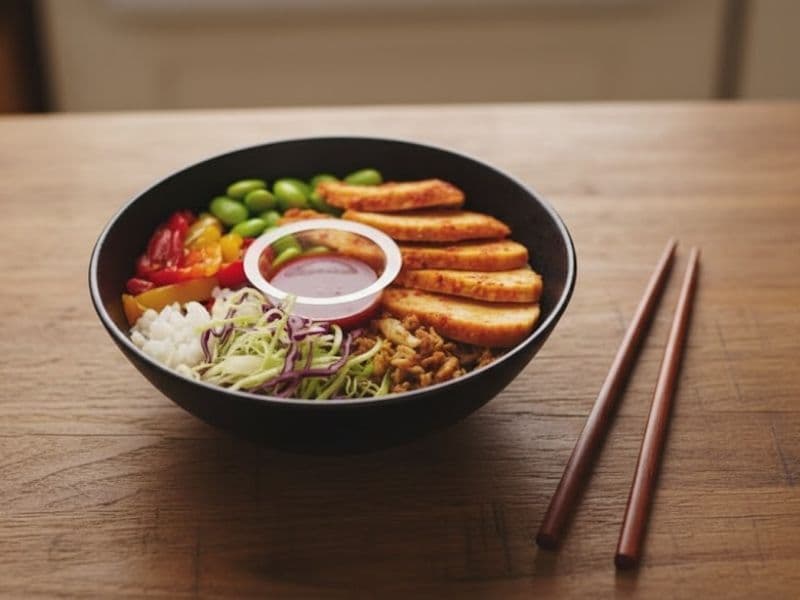 Yo! Sushi Sweet Chilli Chicken Rice Bowl — tender chicken pieces glazed in sweet chilli sauce, served over rice with edamame, peppers, shredded cabbage, and a side of dipping sauce in a black bowl with chopsticks on a wooden counter.