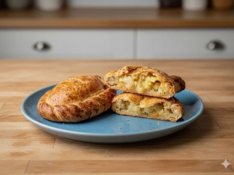 A Cheese and Onion Pasty is shown on a round, blue plate atop a wooden counter. The pasty on the right is cut in half, revealing a filling of melted cheese and chunks of potato and onion. Another whole pasty rests to the left. Light blue-grey kitchen cabinets are visible in the blurred background.