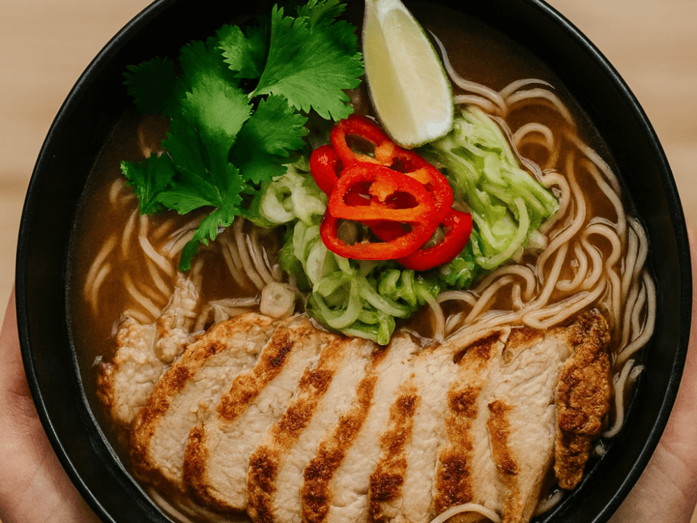 Chilli chicken ramen bowl with grilled chicken, noodles, chilli, coriander and lime.