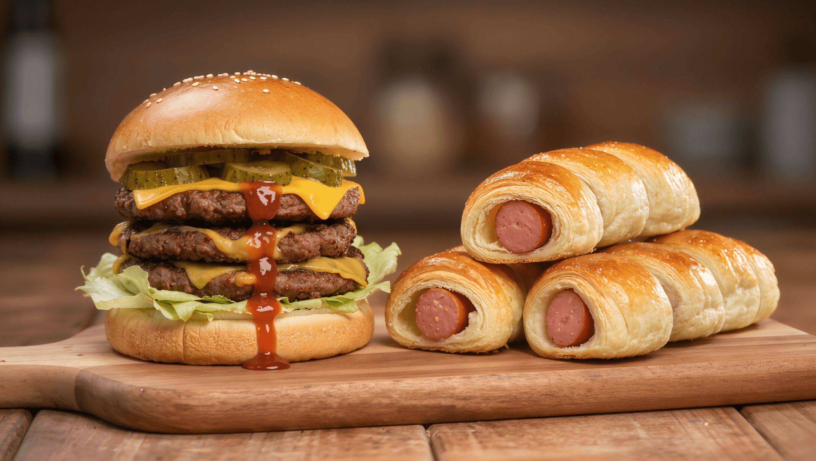 Homemade copycat fast food items on wooden board