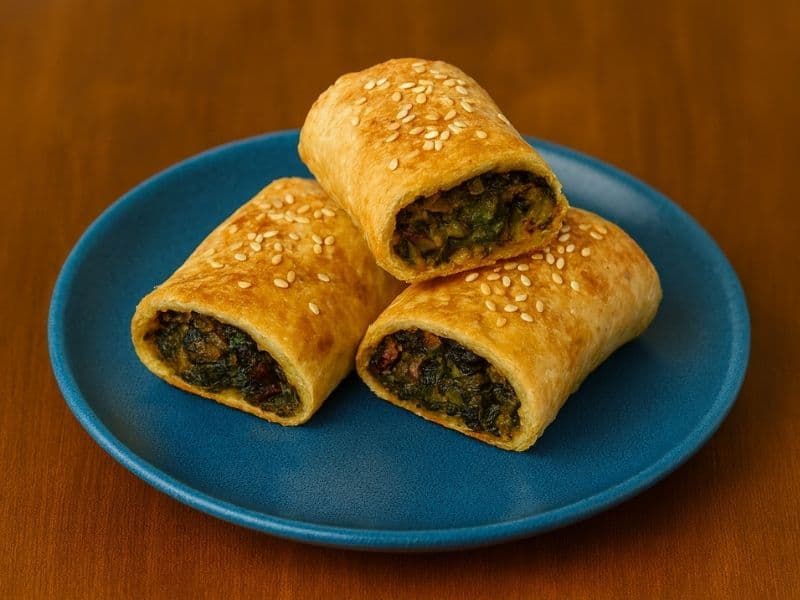 Three golden-brown vegan sausage rolls topped with sesame seeds, arranged on a blue plate on a wooden table, showing their flaky pastry and savoury vegetable filling.