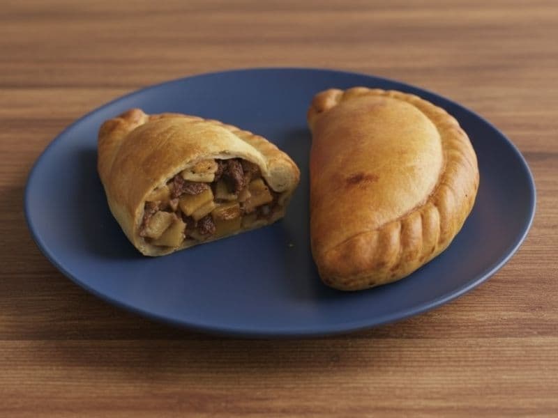 A Traditional Cornish Pasty is displayed on a round, deep blue plate. The pasty on the left is cut in half, showing the filling of diced beef, potato, swede (or rutabaga), and onion. A whole pasty rests on the right. The plate is placed on a wooden surface.