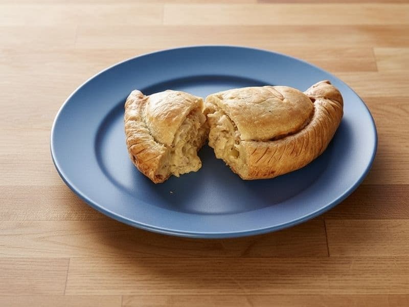 A close-up view of a West Cornwall Pasty Co. Chicken, Bacon & Leek Pasty, cut in half to show the creamy filling, resting on a blue plate atop a light-colored wooden kitchen countertop. The pasty has golden-brown, flaky pastry and the lighting is bright.
