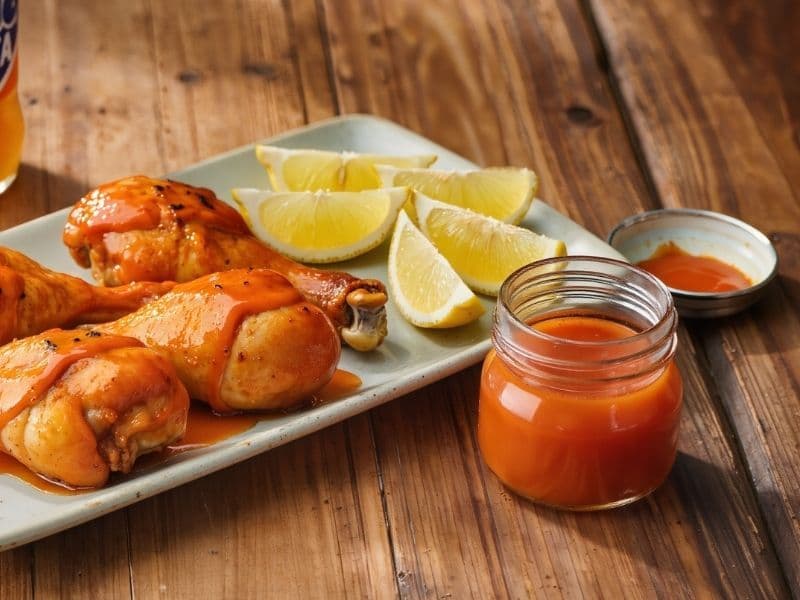 A rustic wooden table displays grilled chicken drumsticks coated in orange glaze beside a jar of Fanta-coloured sauce, lemon wedges, and a bottle of Fanta Orange.